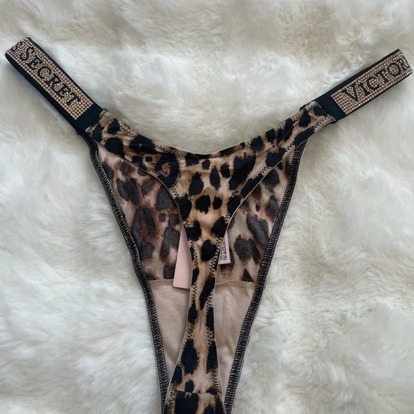 NWT Victoria's Secret VERY SEXY Leopard-Print Thong with Rhinestone Logo Straps - Picture 5 of 7